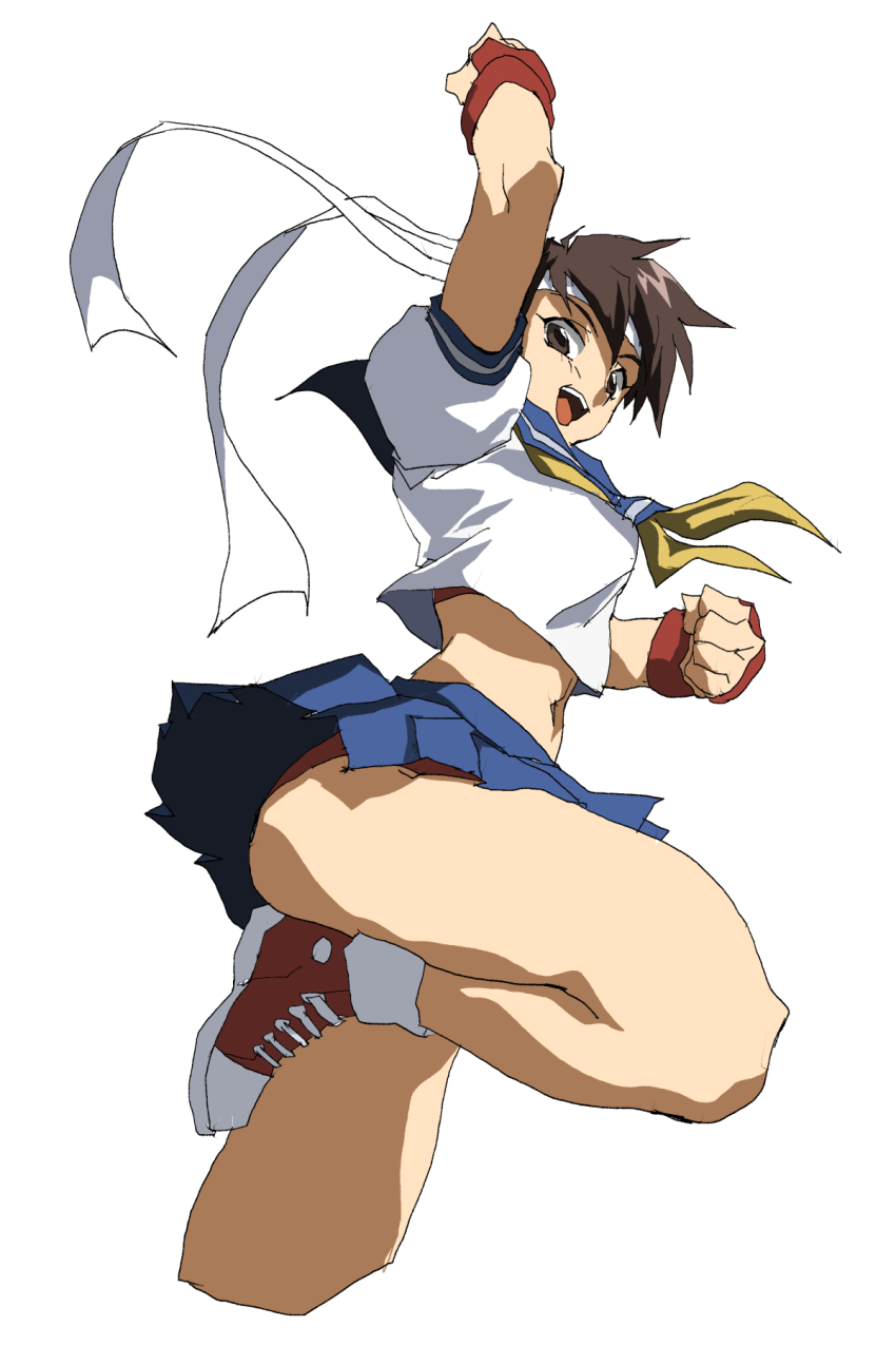 1girl arm_up blue_sailor_collar brown_eyes brown_hair buruma buruma_under_skirt capcom clenched_hands commentary_request converse crop_top fingerless_gloves gloves headband highres kasugano_sakura looking_at_viewer midriff midriff_peek miniskirt neckerchief oobari_masami_(style) open_mouth pleated_skirt puffy_short_sleeves puffy_sleeves red_buruma red_gloves sailor_collar school_uniform serafuku shino_(2919) shoes short_hair short_sleeves shouryuuken skirt sneakers stomach street_fighter street_fighter_zero_(series) thick_thighs thighs uppercut white_headband