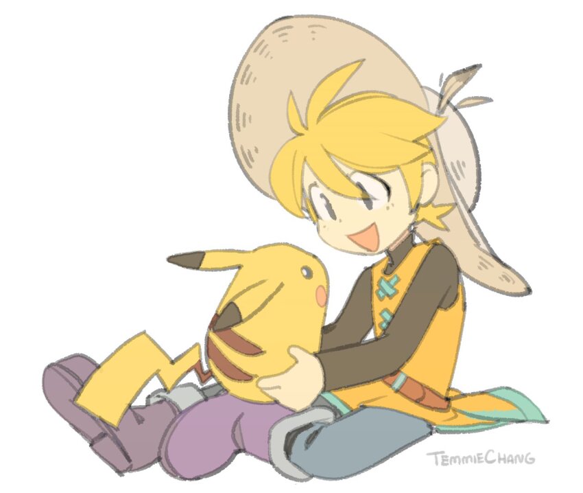 1girl :d belt black_shirt blonde_hair blue_pants boots commentary english_commentary gen_1_pokemon hat holding holding_pokemon nintendo open_mouth pants pika_(pokemon) pikachu pokemon pokemon_(creature) pokemon_adventures reverse_trap shirt simple_background sitting smile straw_hat temmie_chang tunic turtleneck white_background yellow_(pokemon) yellow_tunic
