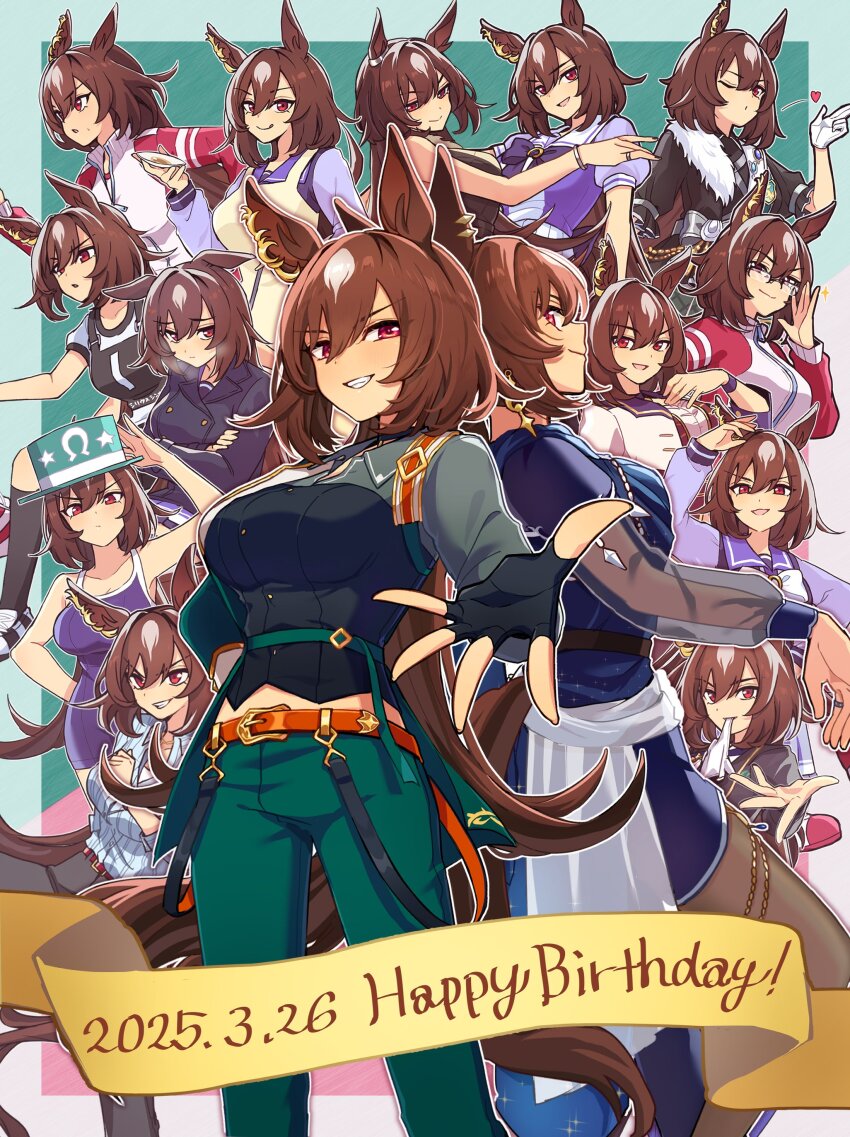 1girl absurdres animal_ears apron belt black_gloves blowing_kiss blue_one-piece_swimsuit bow breasts brown_hair collared_shirt commentary_request competition_school_swimsuit couch cowboy_shot dated ear_ornament fingerless_gloves fur-trimmed_jacket fur_trim gloves green_pants grey_shirt grin hair_between_eyes hand_on_own_hip happy_birthday heart highres horse_ears horse_girl jacket long_hair long_sleeves looking_at_viewer maid medium_breasts midriff_peek multicolored_hair multicolored_shirt multiple_views navel official_alternate_costume one-piece_swimsuit one_eye_closed pants parted_lips pendant_choker pleated_skirt purple_bow purple_serafuku purple_shirt purple_skirt race_bib reaching red_eyes red_jacket sailor_collar school_swimsuit school_uniform serafuku shirt simple_background sirius_symboli_(escorte_etoile)_(umamusume) sirius_symboli_(umamusume) sitting skirt smile starting_future_(umamusume) streaked_hair striped_clothes striped_shirt summer_uniform swimsuit toji_(y2toj2) tracen_school_uniform tracen_swimsuit tracen_training_uniform track_jacket umamusume upper_body vertical-striped_clothes vertical-striped_shirt very_long_hair white_bow white_hair winter_uniform