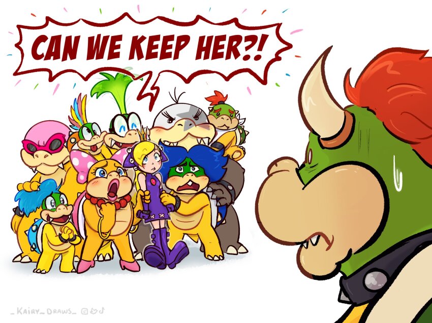 1girl 6+boys blonde_hair blue_hair bowser bowser_jr. crown dress elbow_gloves english_text gloves green_hair highres iggy_koopa kairy_draws koopalings larry_koopa lemmy_koopa long_hair ludwig_von_koopa mario_(series) mario_power_tennis mario_tennis morton_koopa_jr. multiple_boys multiple_girls nintendo pointy_ears roy_koopa short_hair spikes warupeach wendy_o._koopa white_background