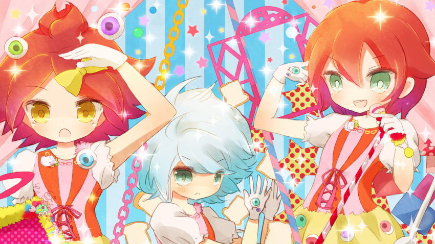 3boys bad_id bad_pixiv_id blue_hair bow bread chain cosplay eyeball food gloves green_eyes hair_bow inazuma_eleven inazuma_eleven_(series) kiyama_hiroto kyary_pamyu_pamyu kyary_pamyu_pamyu_(cosplay) male_focus multiple_boys nagumo_haruya open_mouth parody ponponpon red_hair star_(symbol) suzuno_fuusuke yellow_eyes yoshida_(nono_ko)