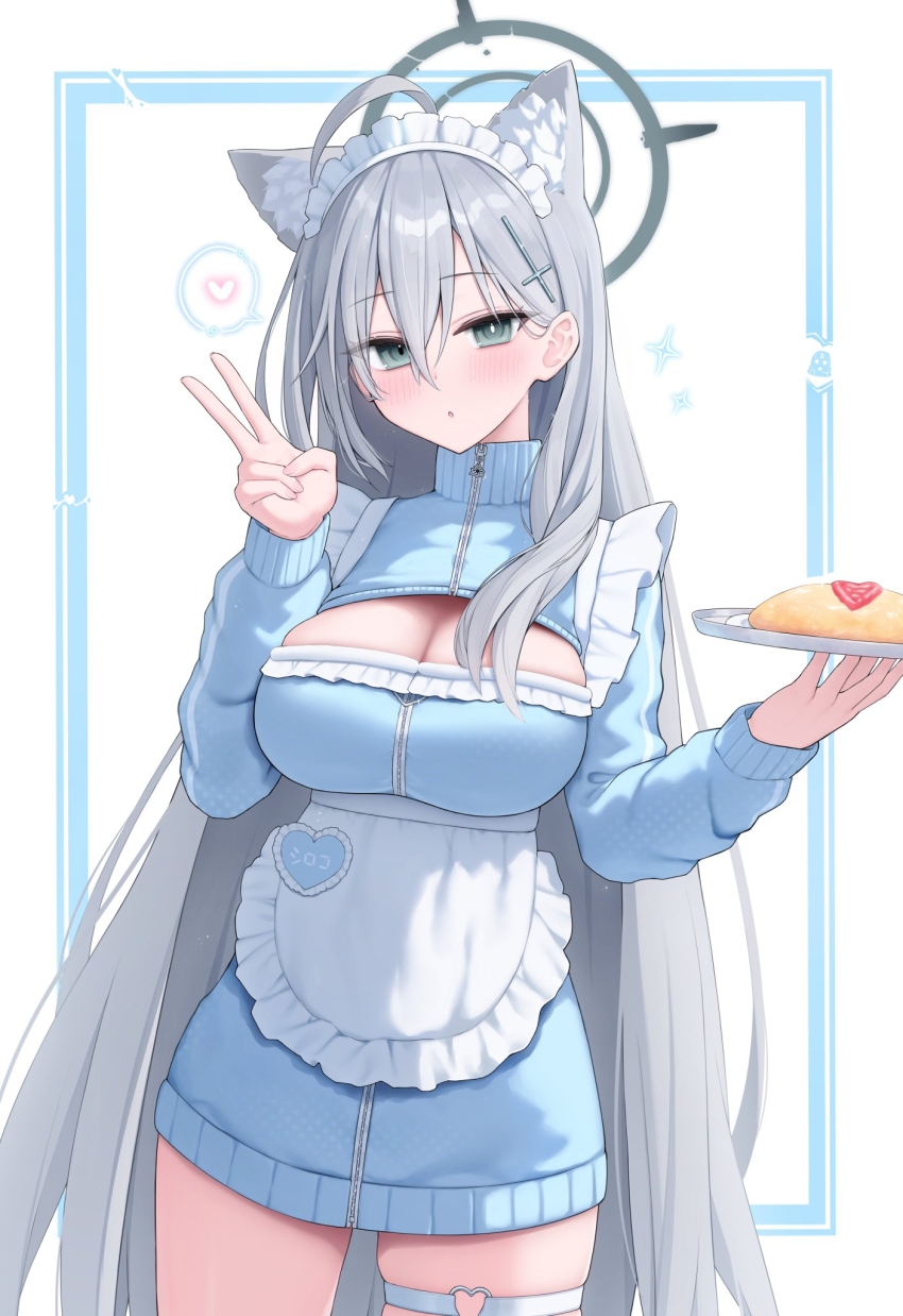 1girl :o ahoge animal_ear_fluff animal_ears apron blue_archive blue_eyes blue_halo blue_jacket blush breasts broken_halo cleavage cleavage_cutout clothing_cutout food grey_hair grey_halo hair_between_eyes halo heart heart_o-ring heterochromia highres holding holding_plate honyuuruinomoto jacket jersey_maid large_breasts long_hair maid maid_apron maid_headdress multicolored_halo o-ring o-ring_thigh_strap omelet omurice plate shiroko_terror_(blue_archive) solo thigh_strap thighs two-tone_halo unconventional_maid v very_long_hair wolf_ears