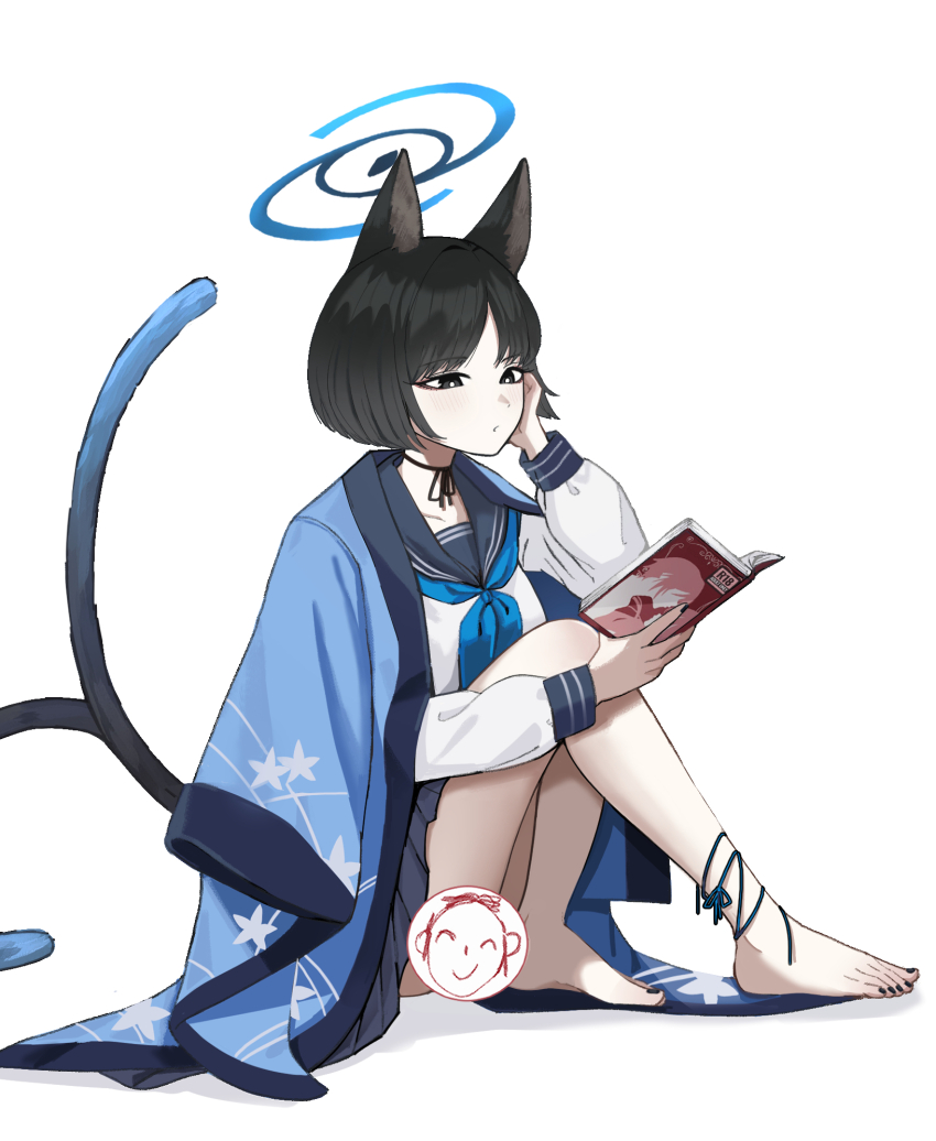 1girl animal_ears barefoot black_eyes black_hair black_sailor_collar black_skirt blue_archive blue_neckerchief book cat_ears cat_girl cat_tail censored character_censor closed_mouth commentary_request doodle_sensei_(blue_archive) halo highres holding holding_book kikyou_(blue_archive) multiple_tails neckerchief novelty_censor open_book pleated_skirt pornography sailor_collar sensei_(blue_archive) shadow shirt short_hair simple_background skirt solo tail two_tails white_background white_shirt ysoa26