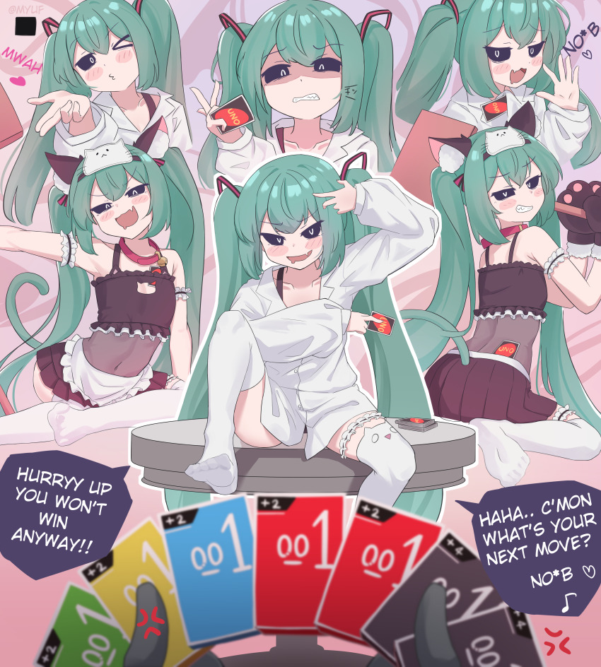 1girl 1other absurdres anger_vein animal_ear_fluff animal_ears animal_hands apron aqua_hair bell black_bra black_sclera black_skirt blowing_kiss blush blush_stickers bra card cat_cutout cat_ears cat_lingerie cat_paws clenched_teeth clothing_cutout collar collarbone collared_shirt colored_sclera dress_shirt drooling english_text fang frilled_bra frilled_garter frilled_thigh_strap frills hair_ornament hatsune_miku heart highres holding holding_card long_hair looking_at_viewer meme_attire mesugaki mimukauwa_nice_try_(vocaloid) mouth_drool multiple_views myuf navel neck_bell no_shoes open_mouth playing_games pleated_skirt pov pov_hands shirt sitting skin_fang skirt soles speech_bubble teeth thigh_strap thighhighs twintails underwear uno_(game) very_long_hair vocaloid waist_apron waving white_apron white_garter white_shirt white_thighhighs