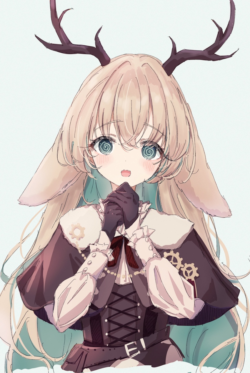 1girl @_@ absurdres animal_ears antlers belt black_gloves blonde_hair blue_background blue_eyes blue_hair blush brown_belt brown_capelet brown_corset capelet colored_inner_hair commentary_request corset deer_ears gloves highres horns long_hair long_sleeves looking_at_viewer multicolored_hair nanashi_inc. open_mouth own_hands_together shirt shishishi simple_background solo tsukinoki_tirol upper_body virtual_youtuber white_shirt