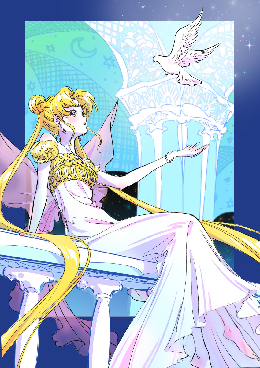 1girl absurdly_long_hair absurdres bare_arms bare_shoulders bird bishoujo_senshi_sailor_moon blonde_hair blue_background blue_eyes bracelet dress earrings hair_bun hashtag-only_commentary highres jewelry kayo long_dress long_hair multicolored_hair pink_lips sidelocks sitting solo star_(symbol) star_earrings streaked_hair tsukino_usagi very_long_hair white_bird white_dress