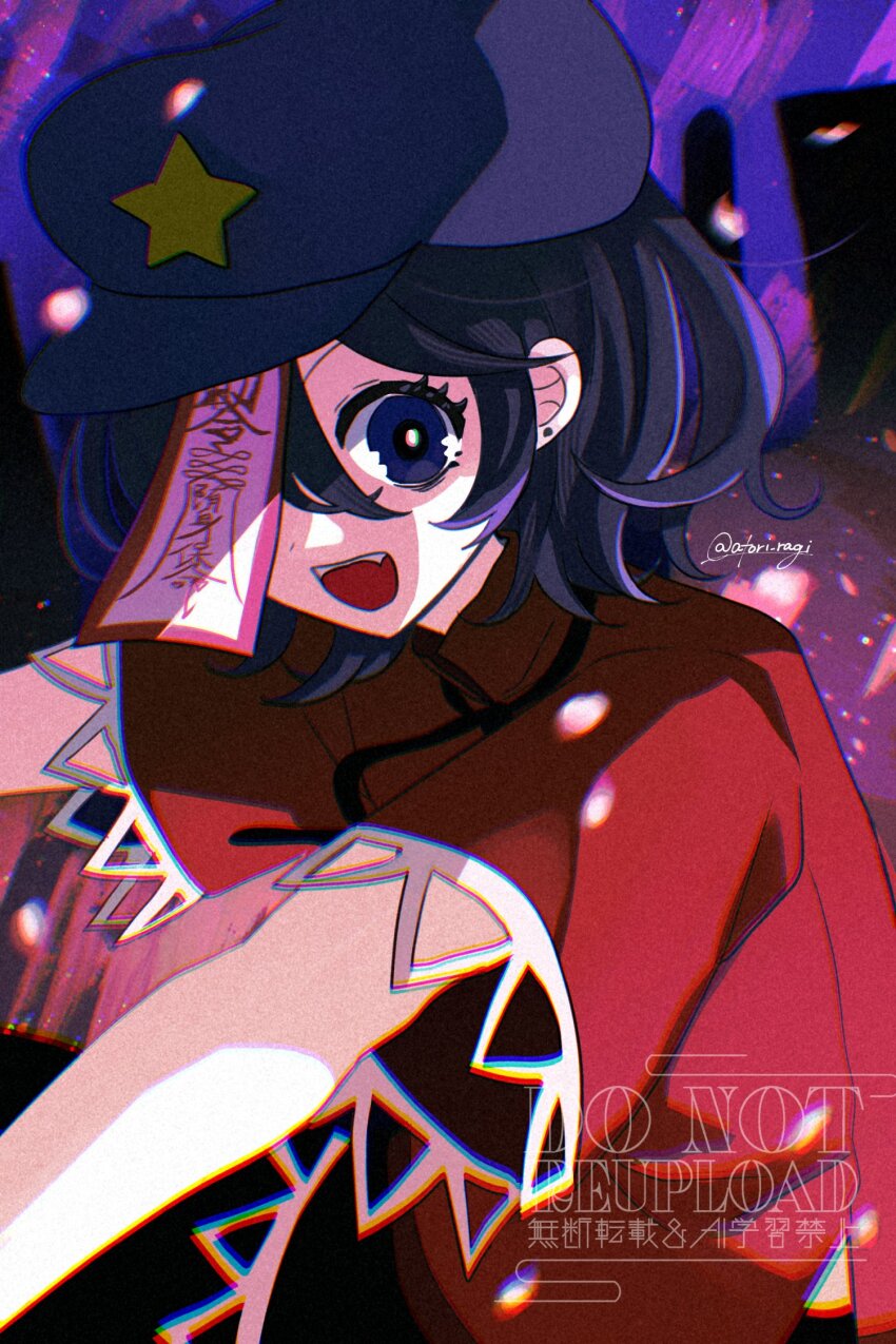 1girl :d black_hair black_ribbon bright_pupils newsboy_cap commentary grey_hat hair_between_eyes hat hat_ornament highres jiangshi katsuragi_atori lace-trimmed_sleeves lace_trim long_bangs looking_at_viewer miyako_yoshika neck_ribbon ofuda open_mouth outstretched_arms purple_background purple_eyes red_shirt ribbon shirt short_hair short_sleeves smile solo star_(symbol) star_hat_ornament teeth touhou upper_body upper_teeth_only watermark white_pupils zombie_pose