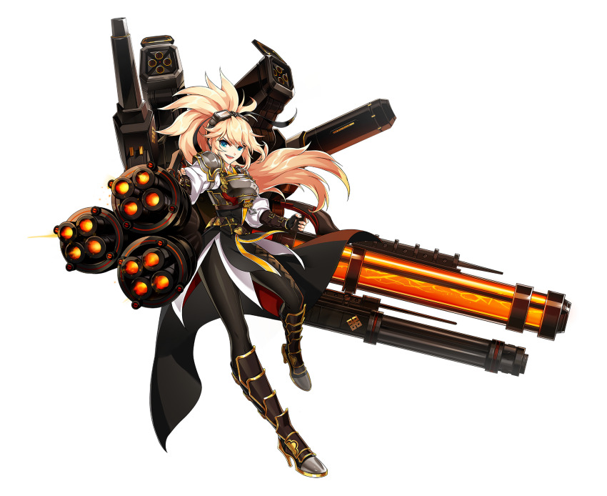 1girl aiming armor armored_boots artist_request belt black_boots black_gloves black_pants black_vest blonde_hair blue_eyes boots breastplate clenched_hand determined elsword fighting_stance fingerless_gloves floating_clothes floating_hair full_body gloves goggles goggles_on_head grey-framed_eyewear high_heel_boots high_heels high_ponytail highres huge_weapon knee_boots long_hair long_sleeves messy_hair official_alternate_costume official_art open_mouth pants pauldrons ponytail rose_(elsword) second-party_source shirt shoulder_armor smile solo standing stiletto_heels swept_bangs tachi-e too_many_guns transparent_background v-shaped_eyebrows very_long_hair vest weapon white_shirt yellow_belt