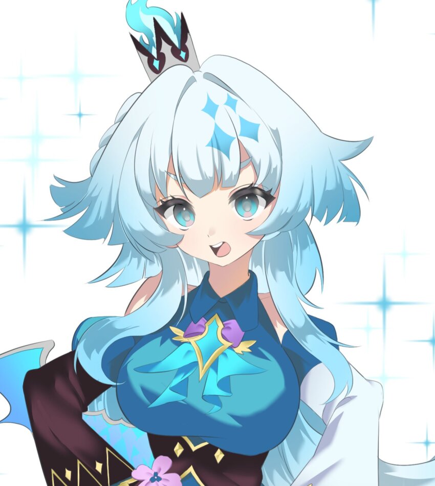 1girl asymmetrical_sleeves blue_dress blue_eyes blue_hair breasts cerydra_(honkai:_star_rail) crown detached_sleeves dress hashtag-only_commentary highres honkai:_star_rail honkai_(series) large_breasts mini_crown mismatched_sleeves nanihiko1123 open_mouth simple_background solo teeth upper_body upper_teeth_only white_background