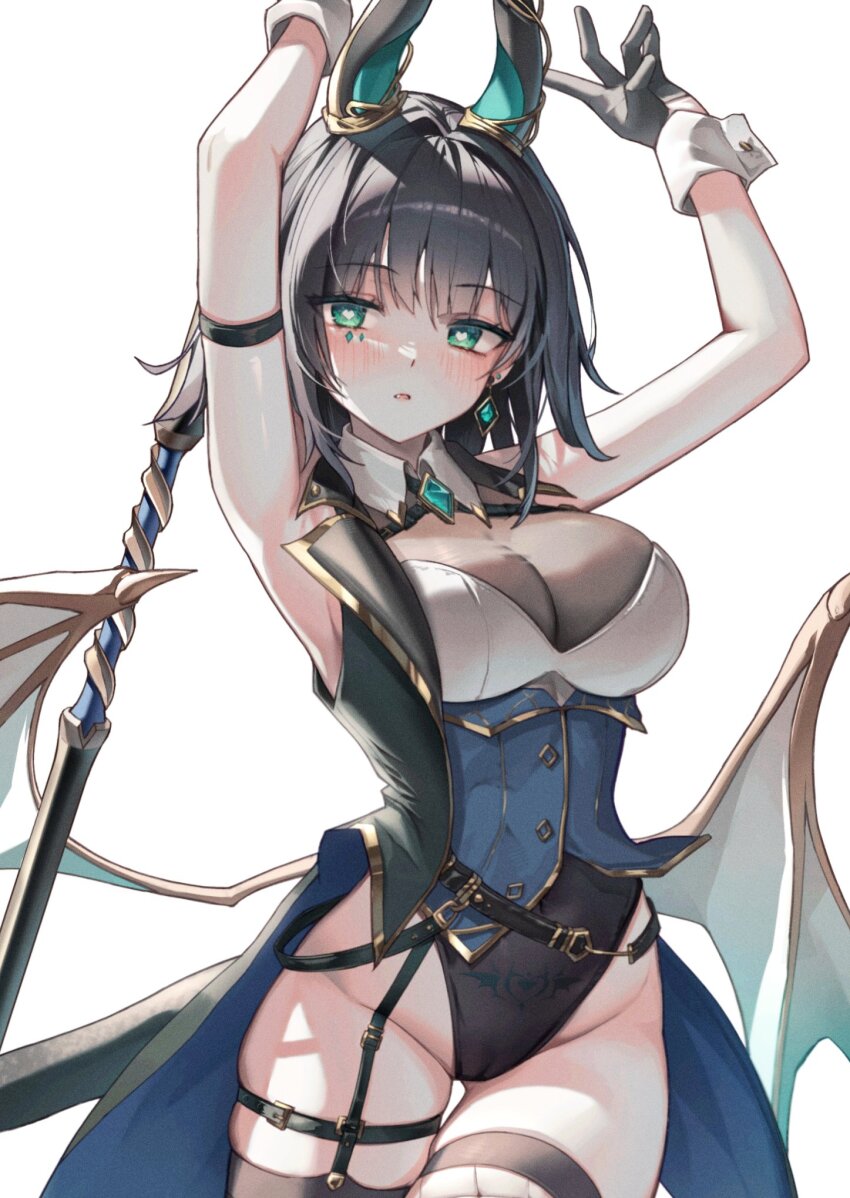 1girl abigail_(black_survival) alternate_costume arm_strap arm_up armpits arms_behind_head bare_shoulders belt black_gloves black_hair black_survival black_thighhighs black_vest breasts brown_leotard cameltoe cleavage covered_navel cowboy_shot demon_girl demon_horns demon_wings detached_collar earrings eternal_return:_black_survival facial_mark fishnet_thighhighs fishnets garter_straps gloves gold_trim green_eyes groin gyogyog heart heart-shaped_pupils highleg highleg_leotard highres holding holding_polearm holding_weapon horns jewelry large_breasts leotard loose_belt low_wings parted_lips polearm see-through_cleavage see-through_clothes short_hair simple_background single_garter_strap skindentation sleeveless solo standing stomach_tattoo strapless symbol-shaped_pupils tail tailcoat tattoo thigh_belt thigh_gap thigh_strap thighhighs thighs underbust vest weapon white_background wings wrist_cuffs
