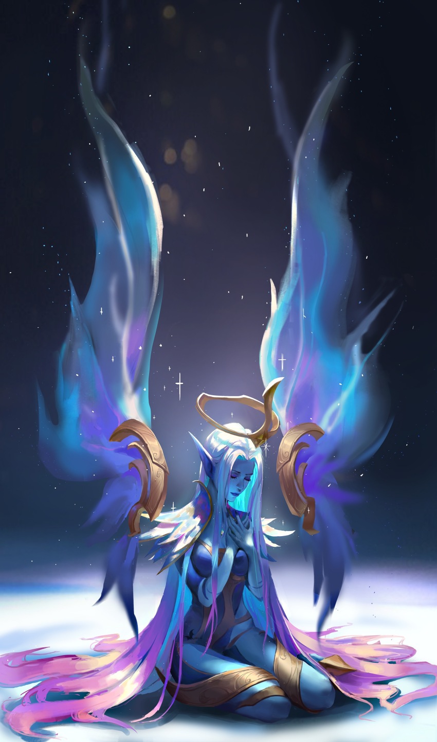 1girl absurdres artist_logo blue_dress blue_skin blue_wings breasts cape character_request check_character chinese_commentary cleavage closed_eyes colored_skin commentary curtained_hair dawnbringer_soraka detached_wings dress energy_wings facing_down full_body guishu_lingxiang halo hands_on_own_chest highres jewelry league_of_legends light_particles lips logo long_hair necklace official_alternate_costume own_hands_together parted_lips pointy_ears purple_cape sitting solo soraka_(league_of_legends) spotlight straight_hair white_hair wings yokozuwari