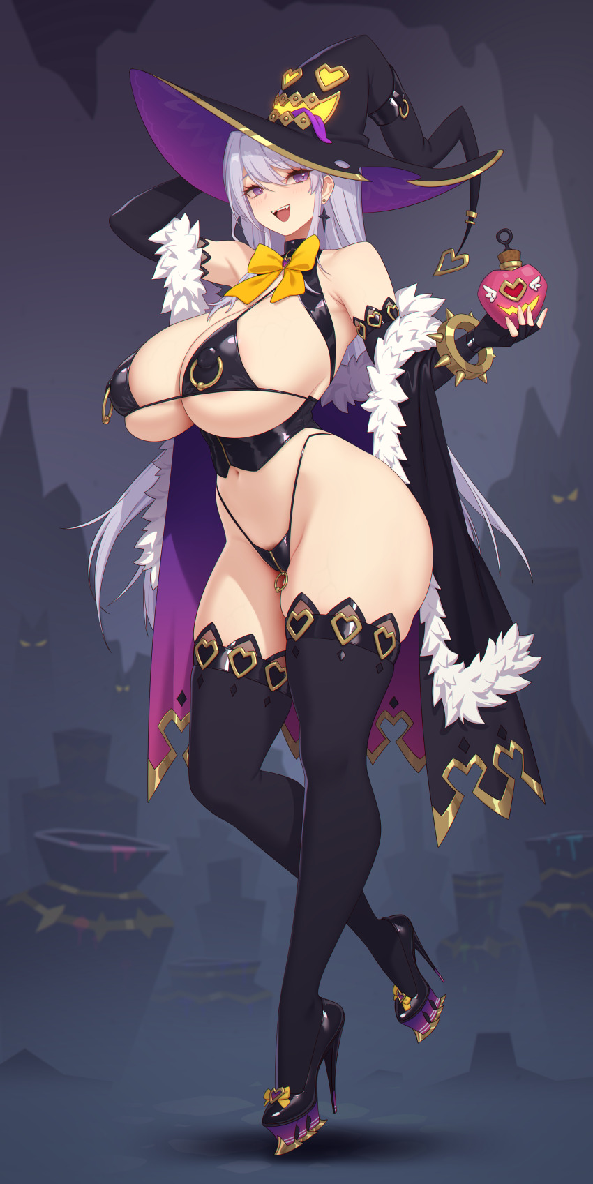1girl absurdres arm_up bikini black_bikini black_cape black_footwear black_gloves black_hat black_thighhighs bow bowtie bracelet breasts cape chinese_commentary commentary commentary_request covered_erect_nipples earrings elbow_gloves english_commentary fingerless_gloves fur-trimmed_cape fur_trim gloves hair_between_eyes hat heart heart_o-ring high_heels highleg highleg_bikini highres holding huge_breasts jewelry light_blush long_hair looking_at_viewer micro_bikini mixed-language_commentary navel nipple_piercing nipple_rings o-ring open_mouth original piercing pumps purple_eyes purple_hair rekaerb_maerd revealing_clothes skindentation smile solo spiked_bracelet spikes standing standing_on_one_leg swimsuit teeth thighhighs tongue underboob upper_teeth_only very_long_hair witch_hat yellow_bow yellow_bowtie