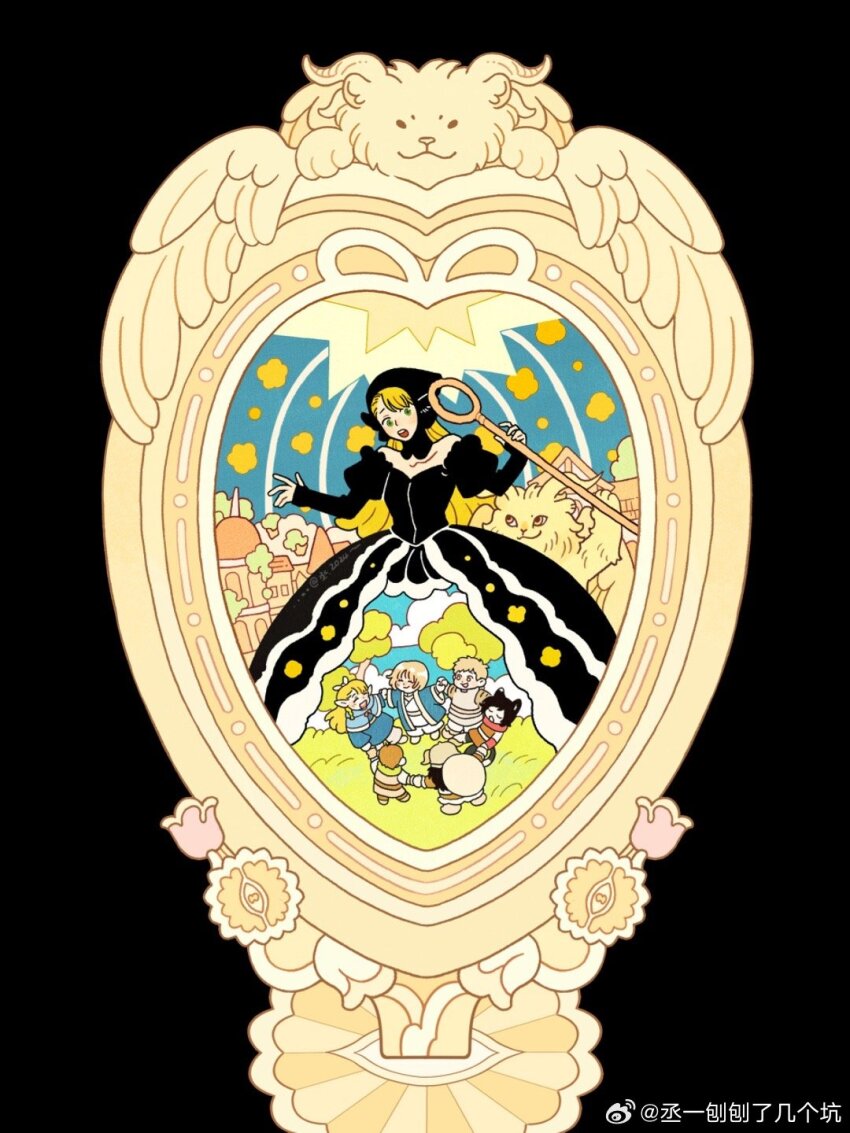 3boys 4girls ^_^ ambrosia_(dungeon_meshi) animal_ear_fluff animal_ears antenna_hair armor bare_shoulders belt black_background black_dress black_hair black_hood blonde_hair blue_capelet blue_dress blue_robe blue_sky blunt_bangs bow breastplate brown_belt brown_hair brown_shirt brown_skirt brown_vest capelet cat_ears cat_tail chibi chilchuck_tims chinese_commentary closed_eyes closed_mouth commentary_request cooking_pot detached_hood dress dual_persona dungeon_meshi ear_covers falin_touden falin_touden_(tallman) fur-trimmed_dress fur_trim green_eyes green_scarf grey_helmet hair_bow hair_through_headwear happy helm helmet highres holding holding_hands holding_staff hood hood_up hooded_capelet horns izutsumi juliet_sleeves laios_touden long_dress long_hair long_sleeves looking_at_viewer marcille_donato marcille_donato_(lord) midriff moss mukumuku_u multiple_boys multiple_girls neck_ribbon off-shoulder_dress off_shoulder open_mouth overgrown pants pauldrons picture_frame puffy_sleeves red_ribbon red_scarf ribbon robe scarf senshi_(dungeon_meshi) shirt shoes short_hair shoulder_armor skirt sky sleeveless sleeveless_shirt sleeves_past_wrists smile staff tail teeth town tunic upper_teeth_only vest watermark weibo_watermark white_bow white_footwear white_pants white_shirt white_tunic wide_sleeves yellow_horns