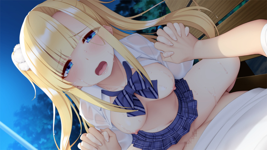 1girl bench blonde_hair blue_eyes blush breasts breasts_out censored clothed_sex cowgirl_position embarrassed eyebrows_hidden_by_hair game_cg girl_on_top go-1 groin highres holding_hands homemaid_sweet_pea housen_shiori legs long_hair lying medium_breasts mosaic_censoring navel night nipples no_bra no_panties open_clothes open_mouth original outdoors pov pussy school_uniform sex skirt straddling thighs twintails vaginal wet wet_clothes