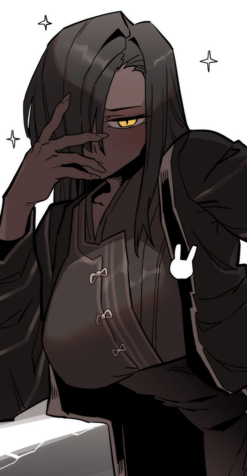1girl absurdres black_hair blush brown_coat coat dark-skinned_female dark_skin fingernails hand_over_face highres limbus_company long_fingernails long_hair pinkboy project_moon solo sparkle yellow_eyes zilu_(project_moon)