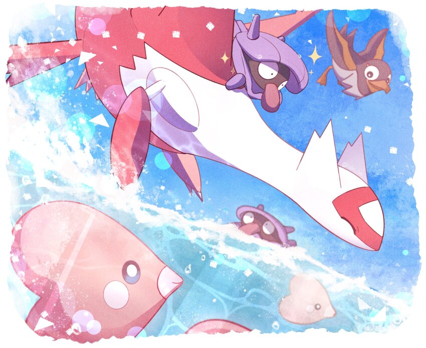bird blurry blurry_background border closed_eyes dragon gen_1_pokemon gen_3_pokemon group_picture highres latias legendary_pokemon luvdisc nintendo no_humans ocean pokemon pokemon_(creature) shell shellder soke_sa tongue tongue_out wattrel white_border