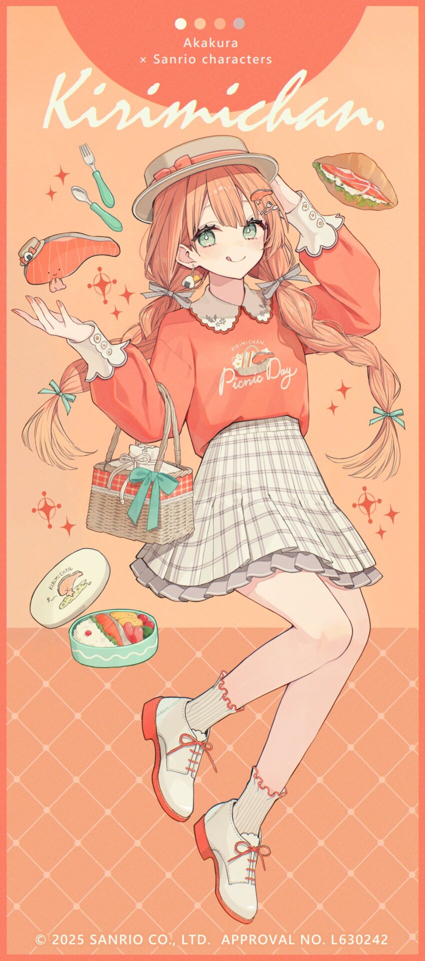 1girl 2025 absurdres akakura aqua_bow artist_name bag bow braid character_name closed_mouth collared_shirt copyright_name copyright_notice food fork full_body hair_bow hat highres kirimichan. low_twintails orange_hair orange_shirt sanrio shirt shoes skirt smile socks solo spoon sushi tongue tongue_out twin_braids twintails white_shoes white_socks