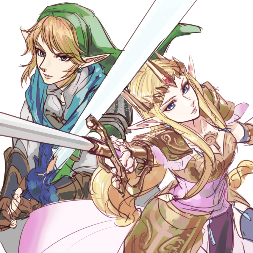 1boy 1girl aqua_tunic armor blonde_hair blue_eyes breasts circlet closed_mouth collared_shirt dress earrings fingerless_gloves from_above gloves gold_trim highres holding holding_sword holding_weapon hyrule_warriors jewelry kurokawa_karasu link long_hair looking_at_viewer master_sword medium_breasts nintendo parted_bangs pink_dress pointy_ears princess_zelda shirt short_hair shoulder_armor sidelocks sketch swept_bangs sword the_legend_of_zelda tunic weapon white_background