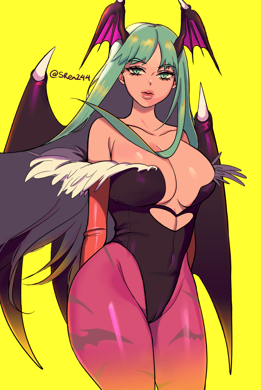1girl absurdres animal_print bare_shoulders bat_print bats black_leotard breasts bridal_gauntlets cleavage demon_girl female_focus green_eyes green_hair head_wings heart_cutout highleg highleg_leotard highres large_breasts leotard long_hair matching_hair/eyes morrigan_aensland demon_girl twitter_username darkstalkers wings
