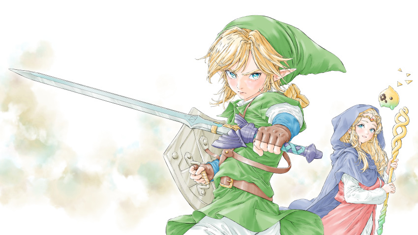 1boy 1girl absurdres belt blonde_hair blue_cloak blue_eyes brown_gloves circlet cloak closed_mouth commentary_request eyelashes gloves green_hat green_tunic hat highres holding holding_shield holding_staff holding_sword holding_weapon hood hooded_cloak link long_hair looking_at_viewer master_sword momo_oddeye nintendo open_mouth parted_bangs pointy_ears princess_zelda shield smile staff standing sword the_legend_of_zelda the_legend_of_zelda:_echoes_of_wisdom tri_(zelda) tunic v-shaped_eyebrows wavy_hair weapon