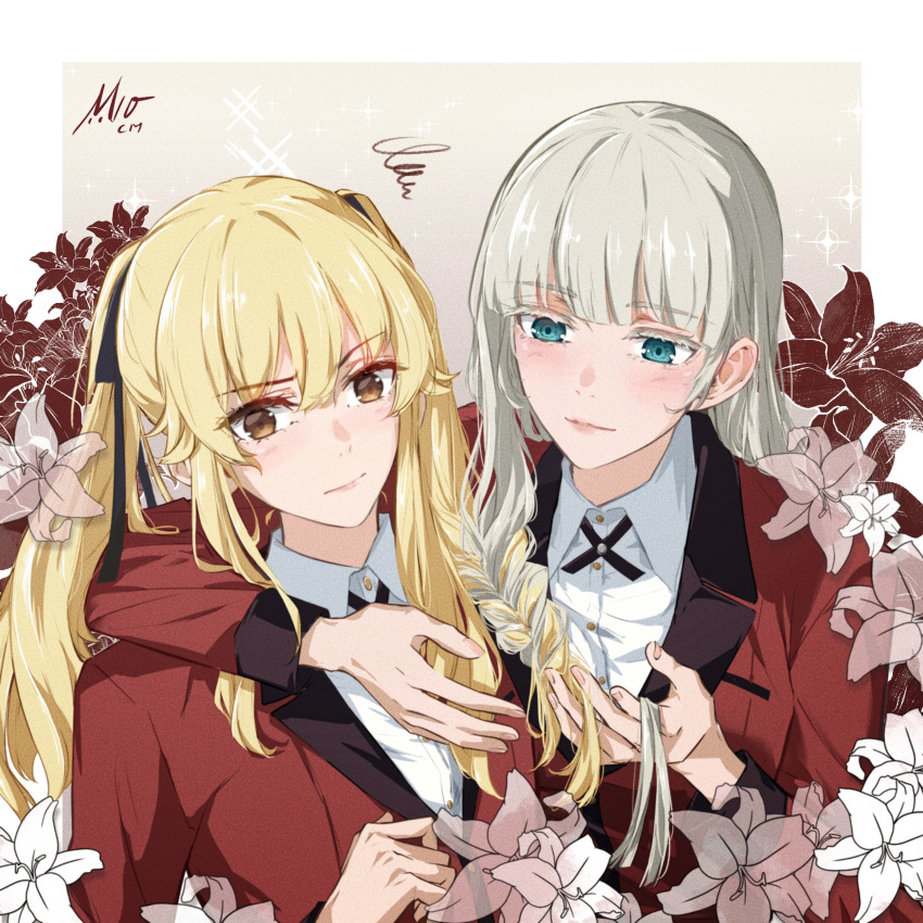 2girls absurdres annoyed black_ribbon blazer blonde_hair blue_eyes blunt_bangs blush braid braiding_hair brown_eyes closed_mouth collared_shirt colored_eyelashes cross_tie flower hair_between_eyes hair_over_shoulder hair_ribbon hairdressing hand_in_another&#039;s_hair hands_in_hair highres hyakkaou_academy_school_uniform jacket kakegurui light_smile lily_(flower) long_bangs long_hair long_sleeves m10cmdesu momobami_ririka multiple_girls neck_ribbon red_jacket ribbon saotome_mary school_uniform shirt sidelocks signature simple_background single_braid sitting sparkle suit_jacket twintails tying_hair white_flower white_hair white_lily white_shirt yuri