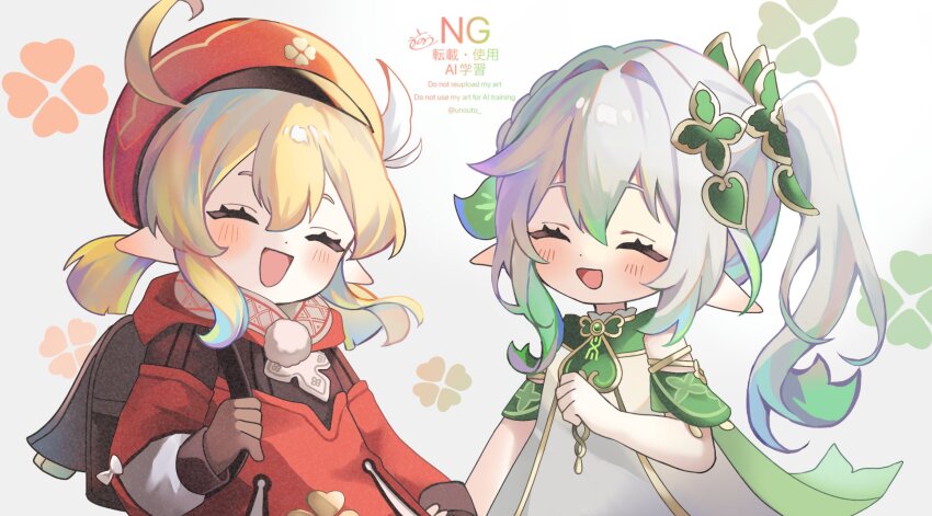 2girls :d ^_^ backpack bag bare_shoulders blonde_hair blush brown_bag brown_gloves closed_eyes commentary_request detached_sleeves dress genshin_impact gloves gold_trim gradient_hair green_hair green_sleeves hair_between_eyes hair_ornament hat highres klee_(genshin_impact) leaf_hair_ornament long_hair multicolored_hair multiple_girls nahida_(genshin_impact) newsboy_cap open_mouth pointy_ears randoseru red_dress red_hat side_ponytail signature simple_background sleeveless sleeveless_dress smile twitter_username unouto white_background white_dress white_hair