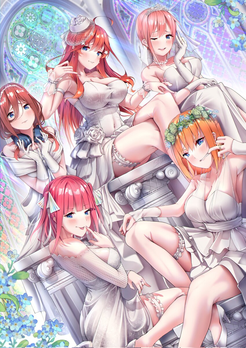 5hibu05 absurdres ahoge arm_strap armpits ass bare_shoulders blue_eyes blush bracelet breasts breasts_squeezed_together bridal_veil bride butterfly_hair_ornament cleavage clenched_teeth clothes_lift collarbone commentary covered_navel crossed_legs dress dress_lift dutch_angle feet_out_of_frame fingersmile fishnet_top fishnets flower forced_smile frilled_garter from_side garter_straps gloves go-toubun_no_hanayome hair_between_eyes hair_flower hair_ornament hand_up hands_up hat head_wreath headphones headphones_around_neck high_heels highres impossible_clothes impossible_dress indoors jewelry large_breasts long_hair long_hair_between_eyes long_sleeves looking_at_viewer medium_hair mouth_pull nakano_ichika nakano_itsuki nakano_miku nakano_nino nakano_yotsuba necklace off-shoulder_dress off_shoulder official_alternate_costume one_eye_closed orange_hair parted_lips pearl_bracelet pink_hair quintuplets red_hair ring shoes short_hair siblings sisters sitting sleeveless sleeveless_dress solo stained_glass star_(symbol) star_hair_ornament strapless strapless_dress tearing_up teeth thighs tongue tongue_out two_side_up upper_body veil wedding_dress wedding_ring white_dress white_garter_straps white_gloves white_hat white_shoes wince