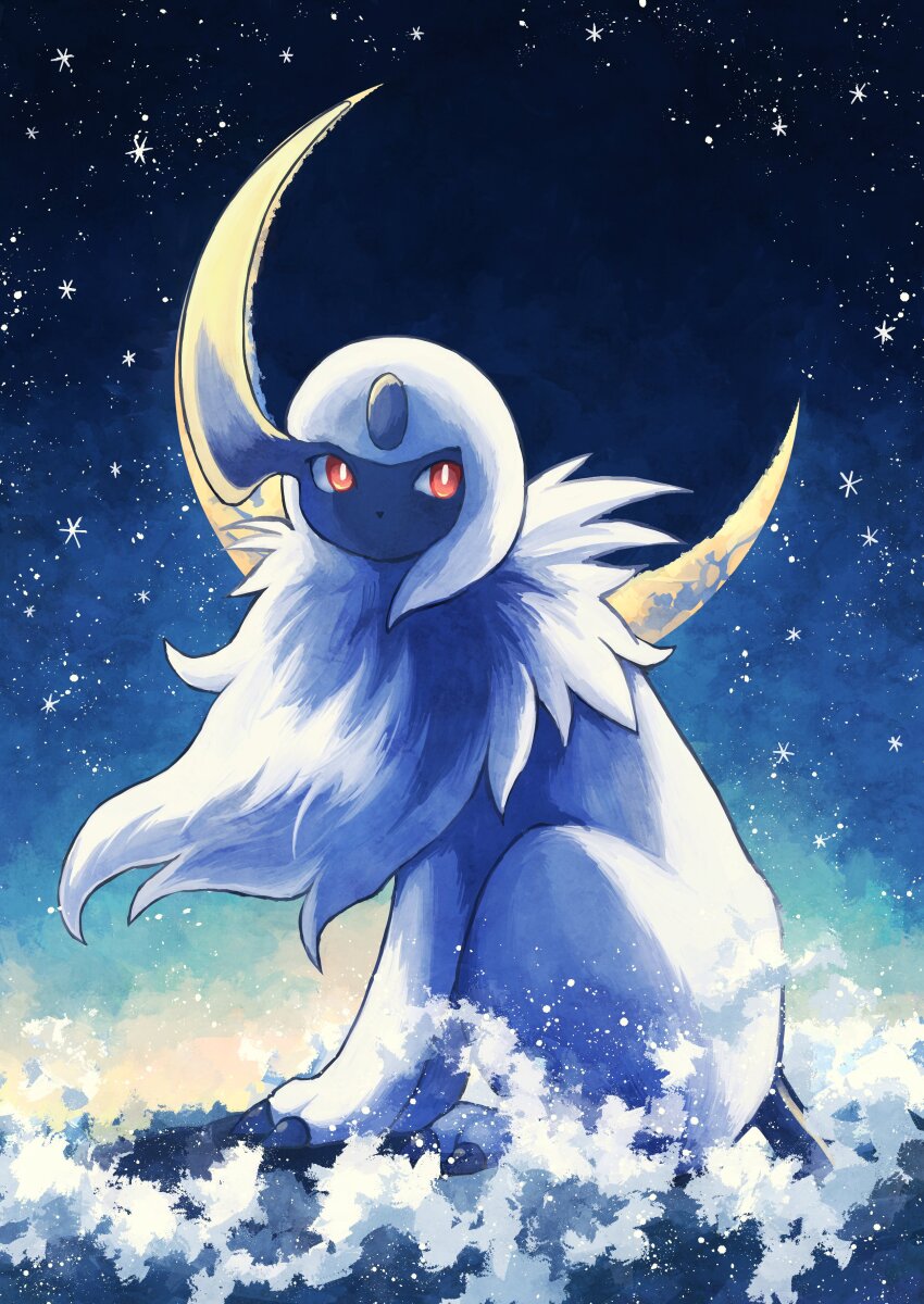7_phi_3 absol absurdres all_fours body_fur crescent_moon full_body gen_3_pokemon highres moon night nintendo no_humans pokemon pokemon_(creature) red_eyes white_fur
