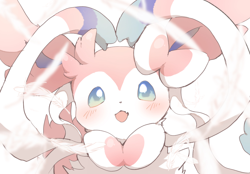 blue_eyes blurry blurry_foreground blush chiko_(chi_p_71) commentary_request falling_feathers fang feathers gen_6_pokemon highres looking_at_viewer nintendo no_humans open_mouth pokemon pokemon_(creature) skin_fang solo sylveon