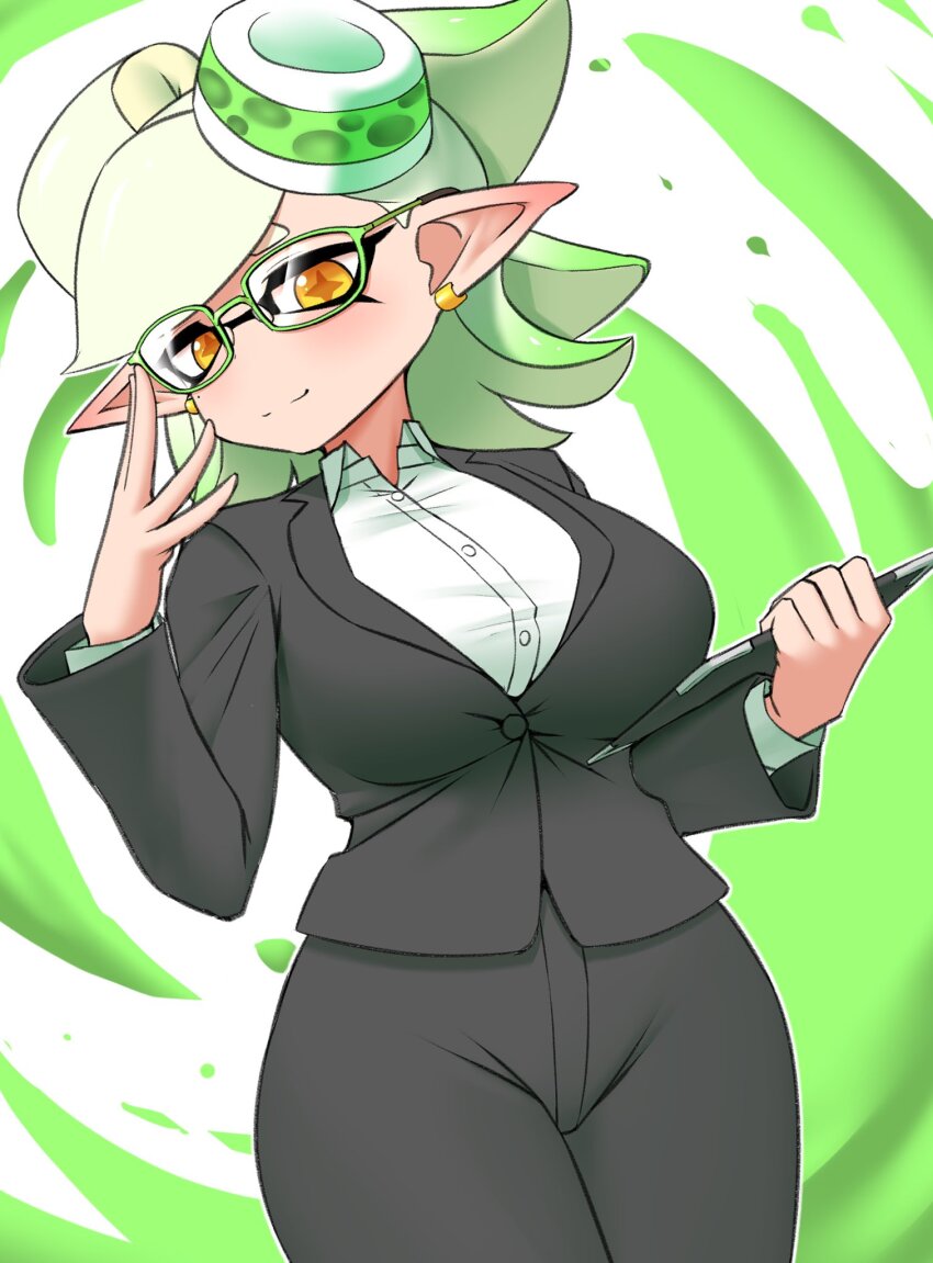 1girl adjusting_eyewear alternate_breast_size alternate_costume bespectacled black_jacket black_pants blazer blush bow-shaped_hair breasts buttons closed_mouth collared_shirt commentary_request cowboy_shot dress_shirt earrings glasses gradient_hair green-framed_eyewear green_hair hand_on_eyewear highres holding holding_tablet_pc inkling jacket jewelry large_breasts long_sleeves marie_(splatoon) medium_hair mole mole_under_eye multicolored_hair nintendo no_nose office_lady orange_pupils pants pero_(pero7762) pointy_ears shirt solo splatoon_(series) splatoon_1 star-shaped_pupils star_(symbol) swept_bangs symbol-shaped_pupils tablet_pc tentacle_hair two-tone_hair white_hair white_shirt yellow_eyes