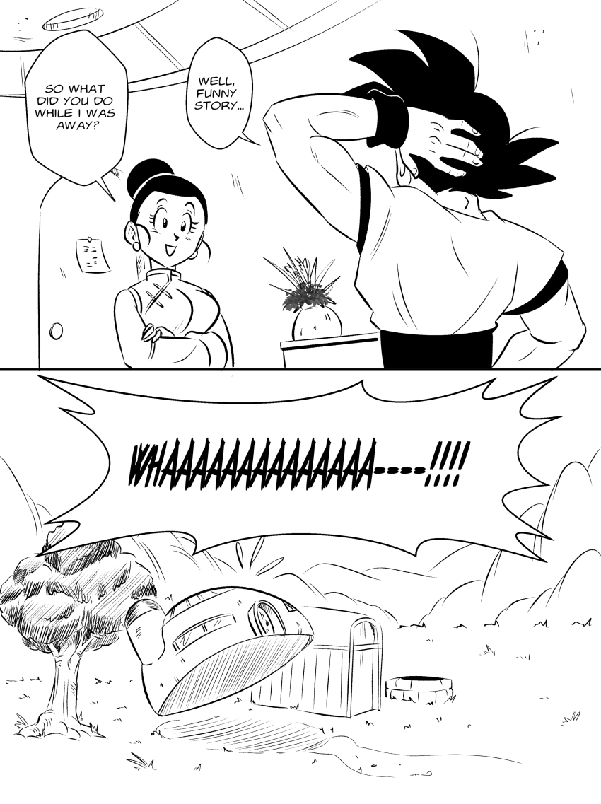 1boy 1girl absurdres arm_behind_head chi-chi_(dragon_ball) chinese_clothes comic commentary crossed_arms door dougi dragon_ball dragonball_z earrings english_commentary english_text funsexydb greyscale hair_bun highres house husband_and_wife jewelry monochrome mountain muscular muscular_male note open_mouth paper single_hair_bun smile son_goku tree vase well wristband