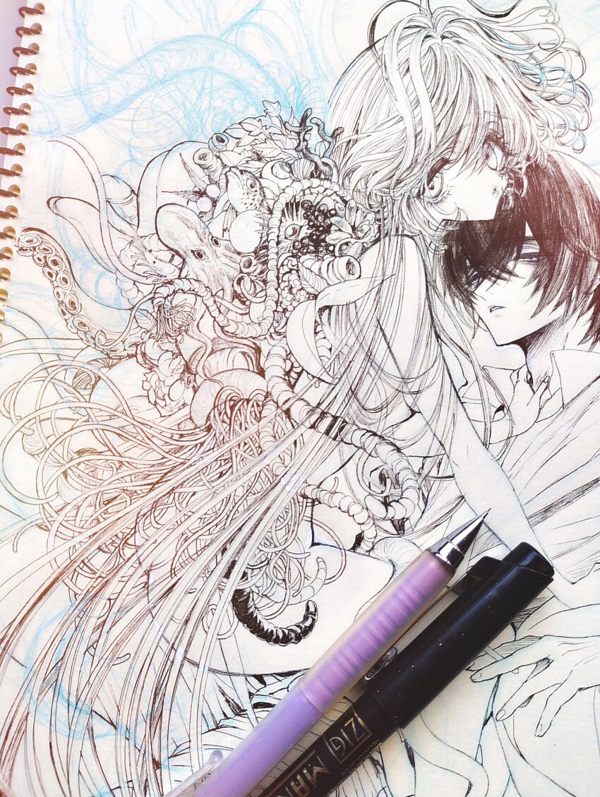 1boy 1girl art_tools_in_frame ass asymmetrical_wings aya_carmine body_horror breasts clothed_male_nude_female collared_shirt commentary_request expressionless flower_wings girl_on_top greyscale hetero highres hitomi_hirosuke_(sayonara_wo_oshiete) leaf_wings long_hair looking_at_viewer mismatched_wings monochrome necktie nipples nude parted_lips photo_(medium) plant_wings sayonara_wo_oshiete shirt small_breasts straddling suction_cups sugamo_mutsuki tendril tentacles traditional_media unfinished very_long_hair wings