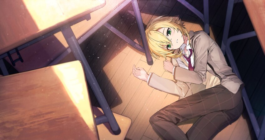 1boy absurdres blazer blonde_hair brown_jacket brown_pants checkered_clothes checkered_pants classroom collared_shirt desk fuubuu green_eyes hair_between_eyes highres indoors jacket lapels looking_at_viewer loose_necktie lying male_focus necktie nijisanji notched_lapels off_shoulder on_floor on_side open_clothes open_jacket pants parted_lips red_necktie school_desk school_uniform shirt short_hair solo sunlight uzuki_kou uzuki_kou_(3rd_costume) vest virtual_youtuber wooden_floor yellow_vest