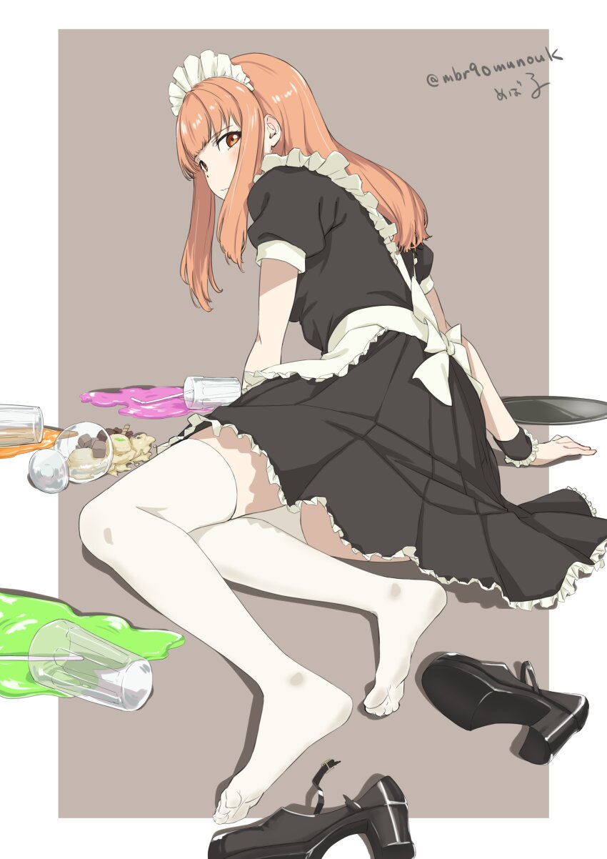 1girl absurdres apron arm_support black_dress black_shoes border breasts cup dress drinking_glass drinking_straw fallen_down feet food foreshortening frilled_apron frilled_dress frills from_behind full_body high_heels highres ice_cream knees_together_feet_apart leaning_forward legs looking_back maburoku maid maid_apron maid_headdress mary_janes medium_breasts on_ground orange_hair original pleated_dress puffy_short_sleeves puffy_sleeves shoes short_sleeves sidelocks signature soles solo spill strappy_heels tan_background thighhighs thighs toes tray twitter_username unworn_shoes wardrobe_malfunction white_border white_thighhighs