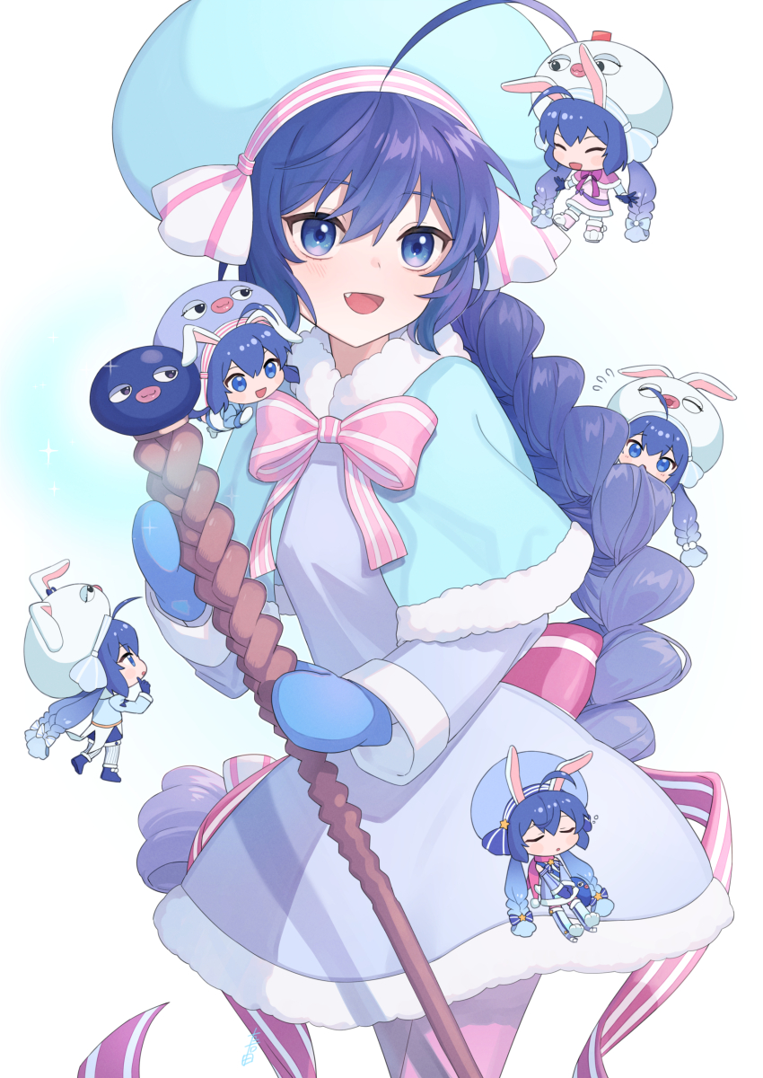 6+girls absurdres ahoge alternate_costume animal_ears animal_hat aqua_capelet aqua_headwear aqua_sleeves back_bow blue_bow blue_dress blue_footwear blue_gloves blue_headwear blue_mittens blue_shorts boots bow capelet chibi closed_eyes commentary_request dark_blue_gloves dress eel_hat fake_animal_ears fang fur-trimmed_capelet fur-trimmed_dress fur_trim gloves gradient_hair hair_between_eyes hair_bow hat highres holding holding_staff large_hat leggings light_blue_dress long_hair long_sleeves looking_ahead looking_at_another low-braided_long_hair low-tied_long_hair low_ponytail mittens multicolored_hair multiple_girls multiple_persona neck_ribbon open_mouth otomachi_una pink_boots pink_capelet pink_dress pink_leggings pink_ribbon pink_trim ponytail rabbit_ears rabbit_hat ribbon shorts smile solo_focus sparkle staff star_(symbol) striped_bow striped_leggings striped_ribbon suiso_sn3 twintails two-tone_ribbon vertical-striped_leggings vocaloid white_background white_headwear white_leggings white_mittens white_trim