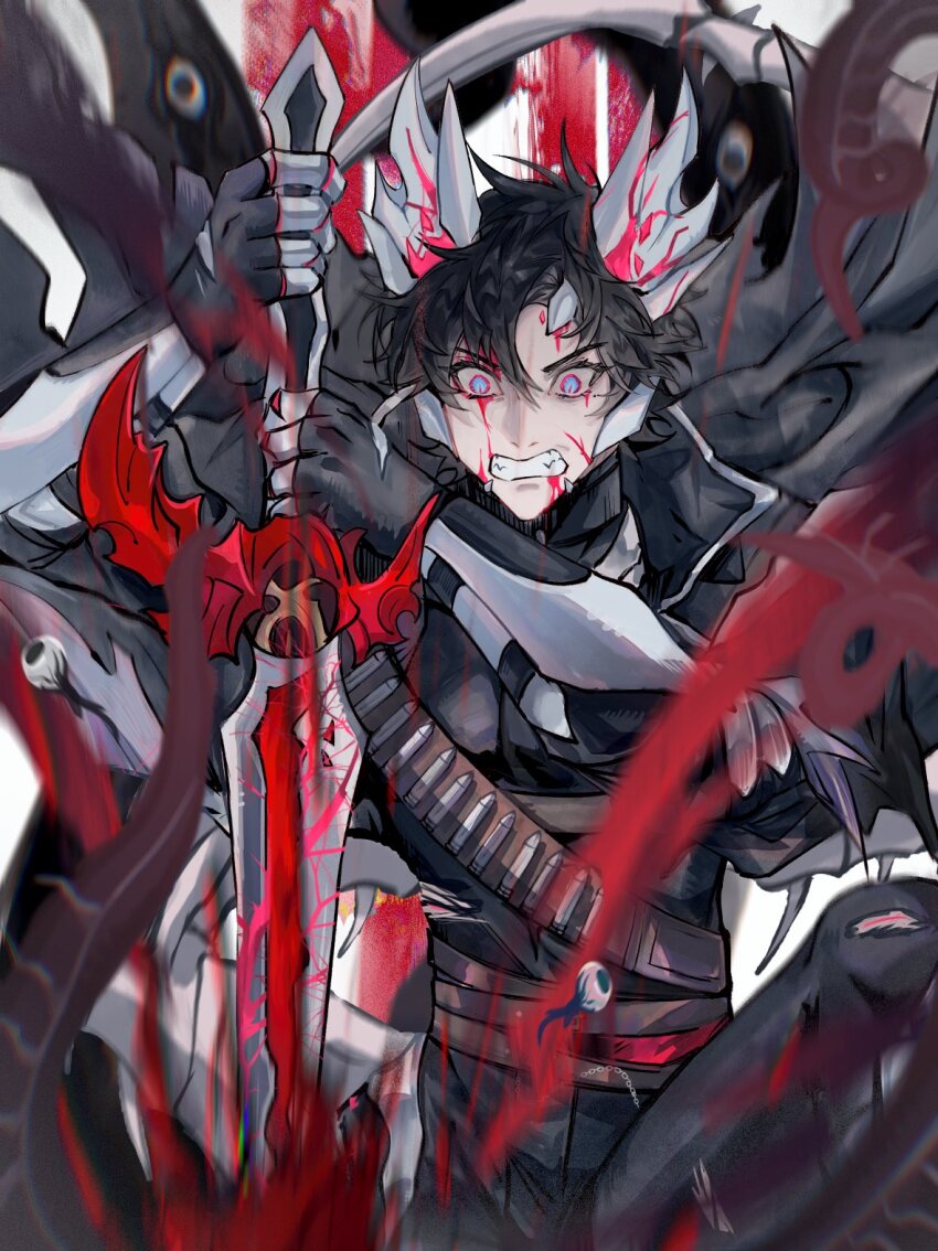 1boy bandolier belt black_jacket black_pants black_shirt blood blood_on_face blue_eyes blue_horns bone bone_armor bullet eldritch_abomination eyeball highres horns implied_murder jacket kamen_rider kamen_rider_saber kamen_rider_saber_(series) kamen_rider_saber_primitive_dragon_brave_dragon kamiyama_touma long_jacket meowq monster pants sharp_teeth shirt squatting teeth torn_clothes torn_pants white_background