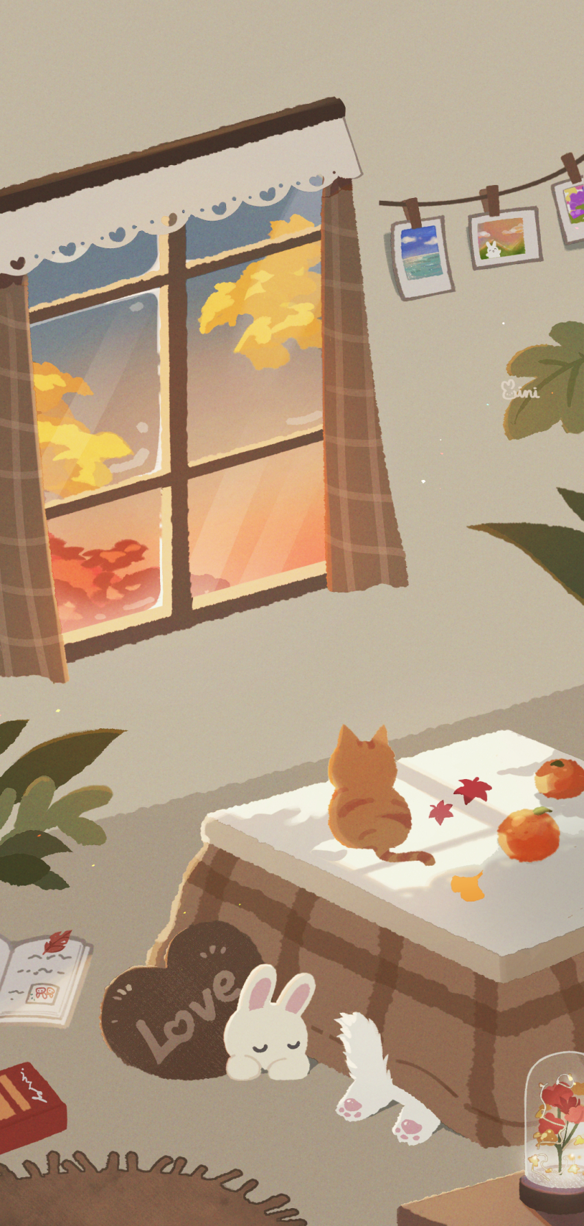 animal autumn autumn_leaves book rabbit cat clothes_pin cloud danby_merong dog flower food fruit ginkgo_leaf heart heart-shaped_pillow highres indoors kotatsu leaf mandarin_orange maple_leaf no_humans open_book original photo_(object) pillow red_flower rug signature sky table window