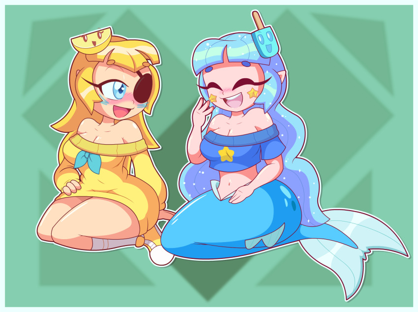 1girl 2girls bare_shoulders blonde_hair blue_bow blue_eyes blue_hair blue_sweater blush bottomless bow breasts cleavage closed_eyes collarbone cropped_sweater doctor-g eyepatch food food-themed_hair_ornament fruit full_body green_background hair_ornament highres indie_virtual_youtuber large_breasts laughing lemon lemon_hair_ornament lemon_queen_(vannamelon) lemon_slice long_hair long_sleeves looking_at_another looking_at_viewer looking_to_the_side mermaid mini_lemon_(vannamelon) monster_girl multiple_girls navel no_pants off-shoulder_sweater off_shoulder open_mouth original pink_star pointy_ears popsicle popsicle_hair_ornament purple_eyes seiza shiny_skin shoes sitting smile socks solo star_(symbol) star_cheeks sweater tail teeth tongue tongue_out vanna_seasalt yellow_shoes yellow_star yellow_sweater youtube zig-zag_cheeks