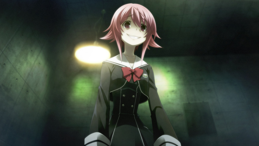 1girl black_dress blush bow bowtie breasts chaos;child chaos;child_love_chu_chu!! chest_bow clenched_teeth collarbone colored_eyelashes constricted_pupils crazy crazy_eyes crazy_grin crazy_smile cropped_jacket dress from_below game_cg hair_between_eyes hekiho_academy hekiho_academy_school_uniform highres indoors long_sleeves looking_at_viewer non-web_source official_art onoe_serika pink_eyes pink_hair red_bow red_bowtie sailor_collar sasaki_mutsumi school_emblem school_uniform short_hair short_hair_with_long_locks sidelocks smile solo teeth upper_teeth_only white_sailor_collar wide-eyed yandere