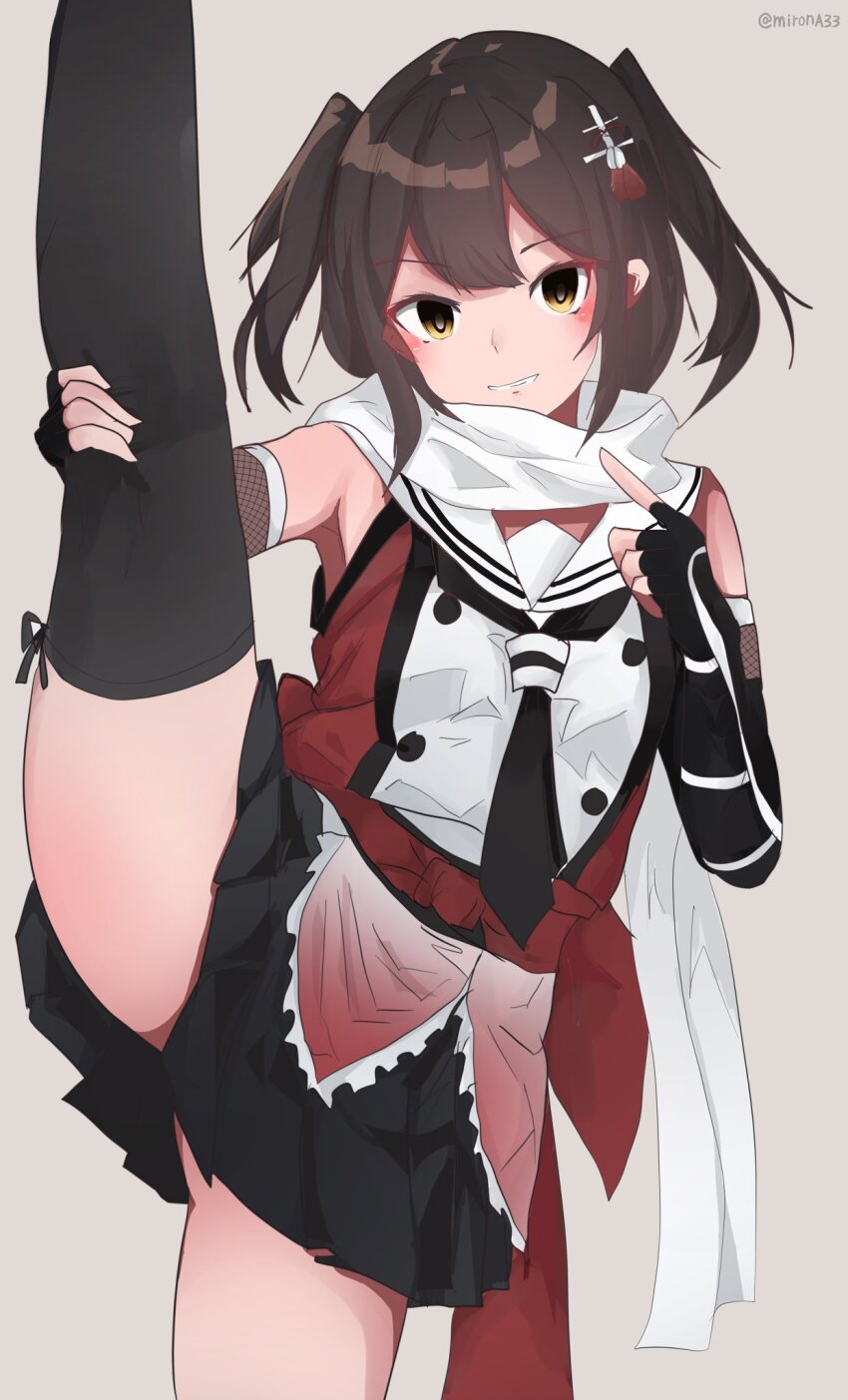 1girl asymmetrical_legwear black_gloves black_neckerchief black_skirt brown_eyes brown_hair buttons commentary_request double-breasted elbow_gloves fingerless_gloves flexible gloves grin hair_ornament highres index_finger_raised kantai_collection leg_lift leg_up long_hair looking_at_viewer miron_(mirona33) neckerchief sailor_collar scarf school_uniform sendai_(kancolle) sendai_kai_ni_(kancolle) serafuku short_hair single_thighhigh skirt smile solo split standing standing_on_one_leg standing_split thighhighs two_side_up uneven_legwear white_sailor_collar white_scarf