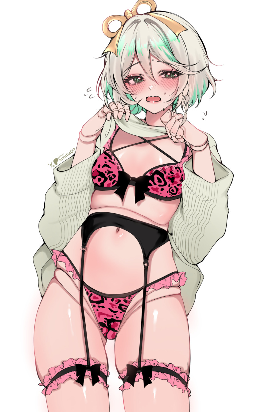 1girl acedia blush bra cecilia_immergreen doll_joints embarrassed flying_sweatdrops garter_belt green_eyes green_hair grey_hair highres hololive hololive_english joints looking_at_viewer multicolored_hair navel open_mouth paid_reward_available panties pink_bra pink_panties short_hair simple_background streaked_hair sweat underwear virtual_youtuber white_background winding_key