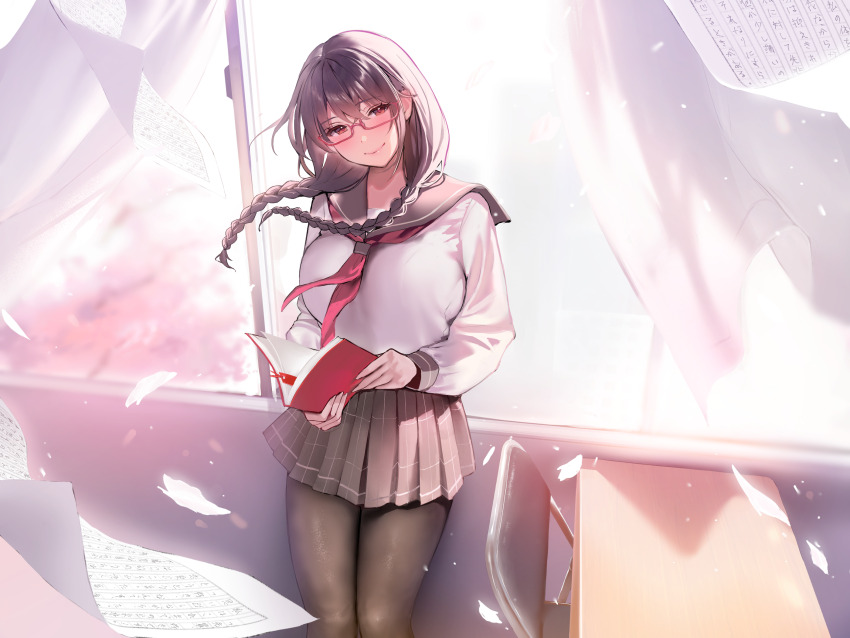 1girl black_hair black_pantyhose black_sailor_collar black_skirt blush book bookmark braid breasts brown_eyes chair classroom closed_mouth commentary_request curtains desk floating_hair glasses highres holding holding_book inushima large_breasts long_hair long_sleeves looking_at_viewer original pantyhose pleated_skirt red-framed_eyewear sailor_collar school_chair school_desk school_uniform semi-rimless_eyewear shirt skirt smile solo standing twin_braids under-rim_eyewear white_shirt window
