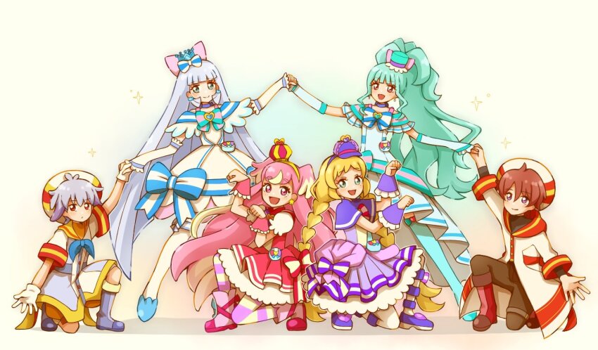 2boys 4girls :d aqua_dress aqua_eyes aqua_hair aqua_hat aqua_thighhighs arm_warmers baggy_shorts black_pants blonde_hair blue_eyes blue_neckerchief blue_shoes blunt_bangs boots bow bowtie braid brooch brown_hair capelet choker crown deerstalker dress earrings full_body grey_boots grey_hair hair_bow hat heart heart_brooch high-low_dress holding_hands inukai_iroha inukai_komugi jewelry knee_boots long_hair magical_boy magical_girl mini_crown mini_hat multicolored_hair multiple_boys multiple_girls neckerchief nekoyashiki_mayu nekoyashiki_yuki off-shoulder_dress off_shoulder on_one_knee open_mouth pants paw_pose petticoat pink_dress pink_hair pleated_dress precure puffy_short_sleeves puffy_sleeves purple_capelet purple_dress purple_eyes red_boots red_eyes sailor_collar shoes short_hair short_sleeves side_ponytail simple_background smile standing straight_hair striped_bow striped_bowtie striped_clothes striped_thighhighs thighhighs toyama_daifuku toyama_satoru twin_braids two-tone_hair two_side_up very_long_hair wavy_hair white_background white_dress white_hair white_thighhighs wonderful_precure! wrist_cuffs yellow_sailor_collar yuu13