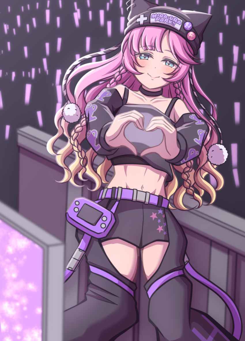 1girl anyoji_hime bare_shoulders belt black_pants black_shirt black_shorts blonde_hair braid collarbone commentary_request crotchless crotchless_pants feet_out_of_frame ganbarai glowstick gradient_hair handheld_game_console heart heart_hands high_heels highres linea_alba link!_like!_love_live! long_hair looking_at_viewer love_live! midriff multicolored_hair navel nyao_signyal off-shoulder_shirt off_shoulder official_alternate_costume pants penlight_(glowstick) pink_hair purple_belt shirt shorts side_braids solo twin_braids virtual_youtuber wavy_hair