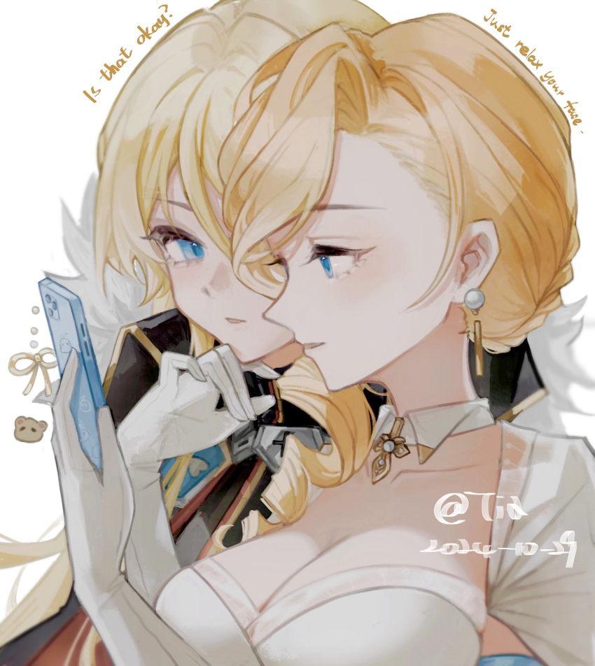 2024 2girls artist_name azur_lane bismarck_(azur_lane) bismarck_(coat_of_arms) bismarck_zwei_(azur_lane) blonde_hair blue_eyes breasts cellphone cleavage collarbone dated earrings elbow_gloves english_text gloves gold_trim hair_over_shoulder highres holding holding_phone hood_(azur_lane) hood_(dawnlight&#039;s_dame)_(azur_lane) jewelry large_breasts long_hair multiple_girls official_alternate_costume pearl_earrings phone simple_background smartphone tiatan upper_body white_background white_gloves