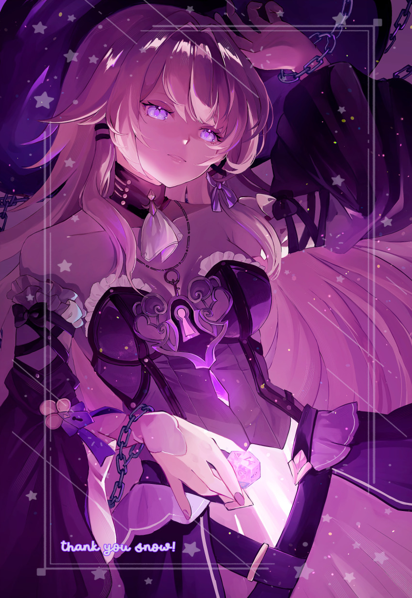 1girl ascot bare_shoulders black_dress black_sleeves breasts brown_hair chain commentary commission commissioner_name detached_sleeves dice dress english_commentary frilled_dress frills hat herta_(honkai:_star_rail) highres holding holding_dice honkai:_star_rail honkai_(series) jewelry key key_necklace long_hair long_sleeves mofumanju necklace parted_lips purple_eyes solo strapless strapless_dress thank_you the_herta_(honkai:_star_rail) white_ascot