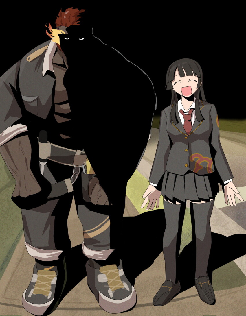 1boy 1girl :d bara black_sky dark-skinned_male dark_skin eyes_in_shadow flaming_eye full_body glaring hephaestus_(housamo) highres large_pectorals long_sleeves meme muscular muscular_male night open_jumpsuit open_mouth pants pectorals protagonist_2_(housamo) shaded_face side-by-side sidewalk sky smile standing suna_sand1 tokyo_houkago_summoners very_dark_skin why_dis_ninja_look_so_mad_(meme)