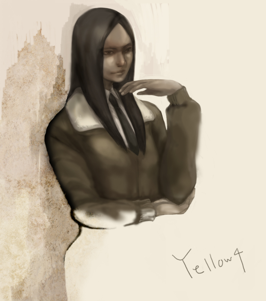 1girl ace_combat ace_combat_04 black_hair brown_eyes character_name dark-skinned_female dark_skin female_focus highres irohakaname jacket long_hair namco necktie solo yellow_4