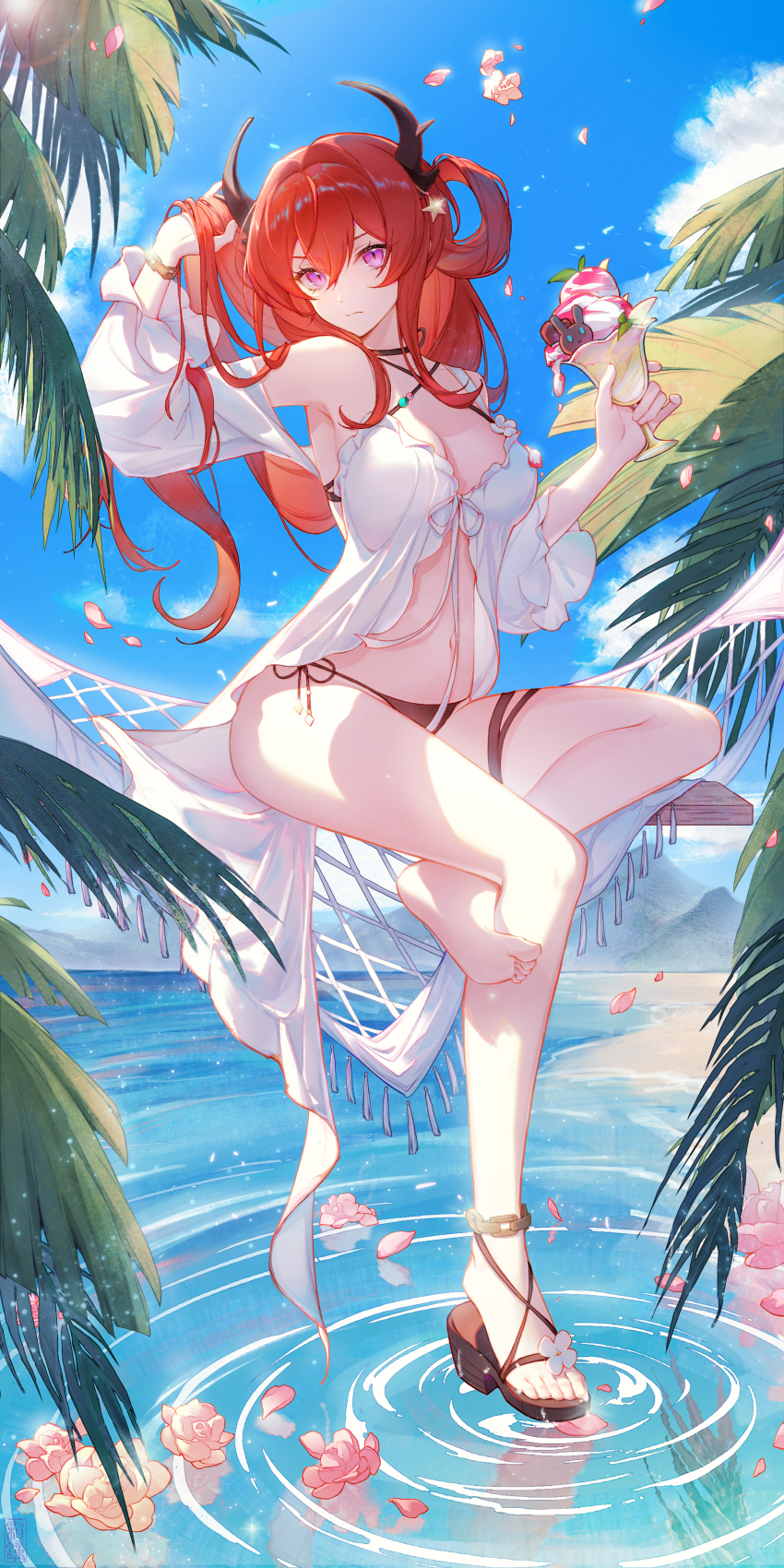 1girl absurdres ankle_under_leg arknights beach bikini black_horns blue_sky breasts closed_mouth cloud criss-cross_halter cup flower food frost_bell full_body halterneck highres holding holding_cup horns ice_cream long_hair looking_at_viewer medium_breasts ocean official_alternate_costume on_hammock outdoors palm_tree petals pink_flower playing_with_own_hair purple_eyes red_hair ripples sandals side-tie_bikini_bottom single_bare_foot sitting sky solo sundae surtr_(arknights) surtr_(colorful_wonderland)_(arknights) swimsuit swimsuit_cover-up tree white_bikini