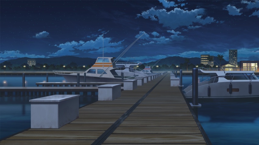 blue_sky boat building city_lights cloud cloudy_sky dark dock fishing_rod fog forest highres mountainous_horizon nature night no_humans non-web_source ocean official_art our_life:_beginnings_and_always outdoors palm_tree pier reflection reflective_water ship sky star_(sky) starry_sky tree water watercraft wooden_floor